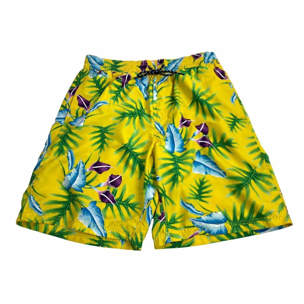 Tommy Hilfiger Mens Mesh Lined Swim Trunks Shorts Yellow Hawaiian Floral Medium